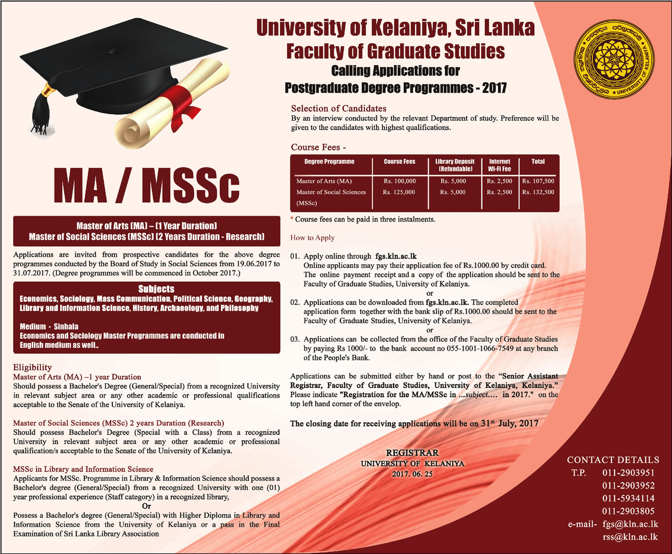 Calling Applications for Postgraduate Degree Programmes (2017) - University of Kelaniya